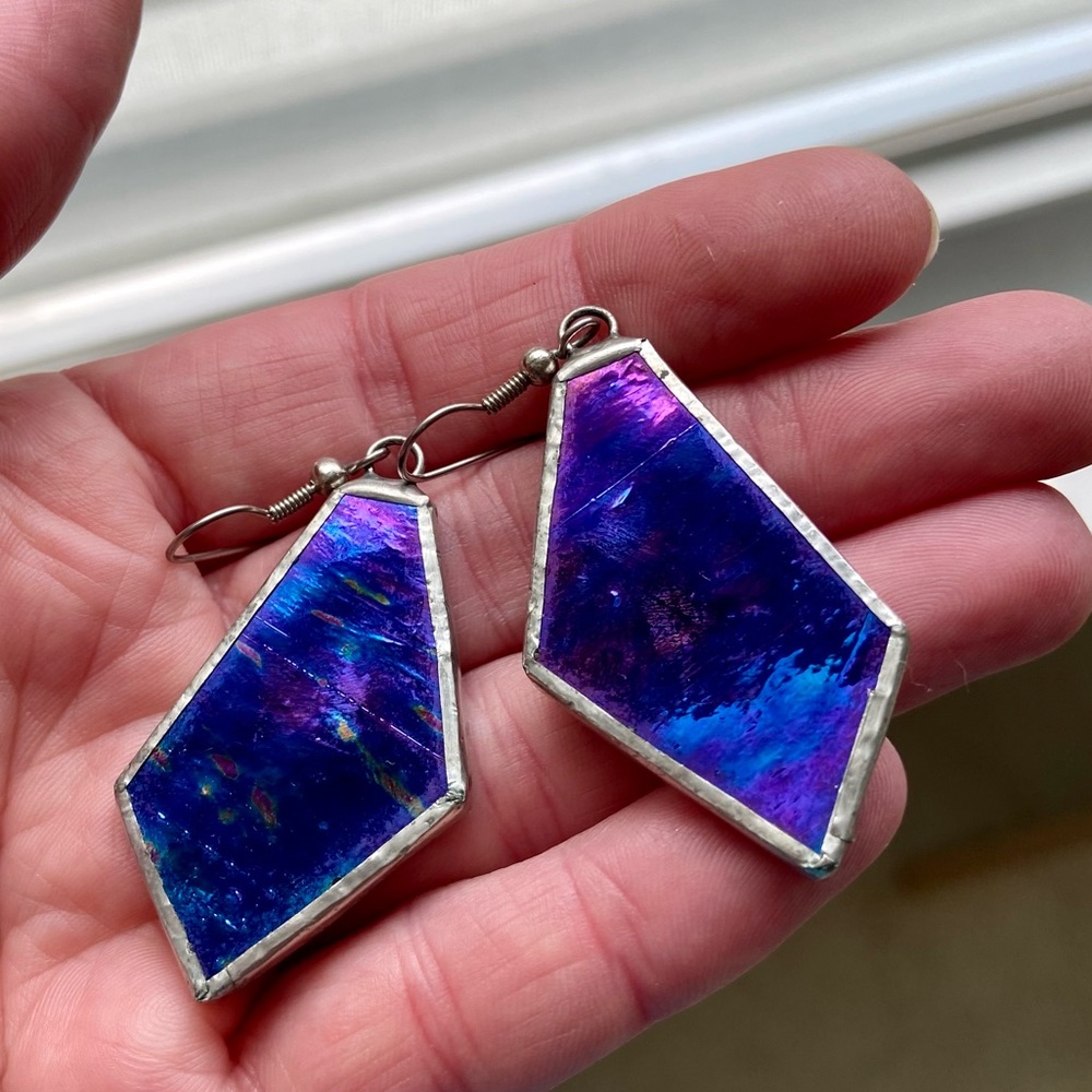 Geometric Stained Glass Dangle Earrings Iridescent Purple Silver Hook